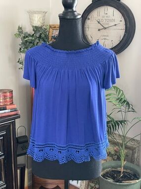 Altar'd State Royal Blue Smocked Neck Crochet-Hem Crop Top